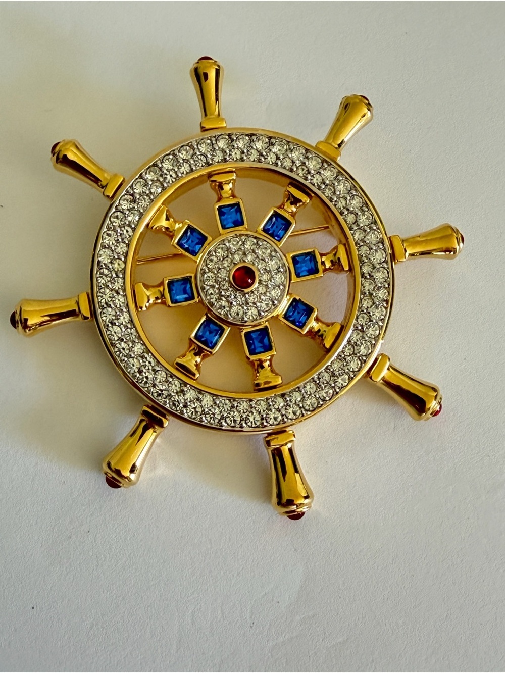 SWAROVSKI Nautical Ship Wheel Brooch Gemstone Crystal Blue Red Gold Pin Cruise